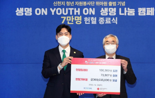 지난_8일_경기도_수원_위아원_카페에서_열린_위아원_헌혈_캠페인_종료식에 참석한 홍준수_위아원_대표와좌_대한적십자사_조남선(우)이 사진을 찍고 있다..JPG